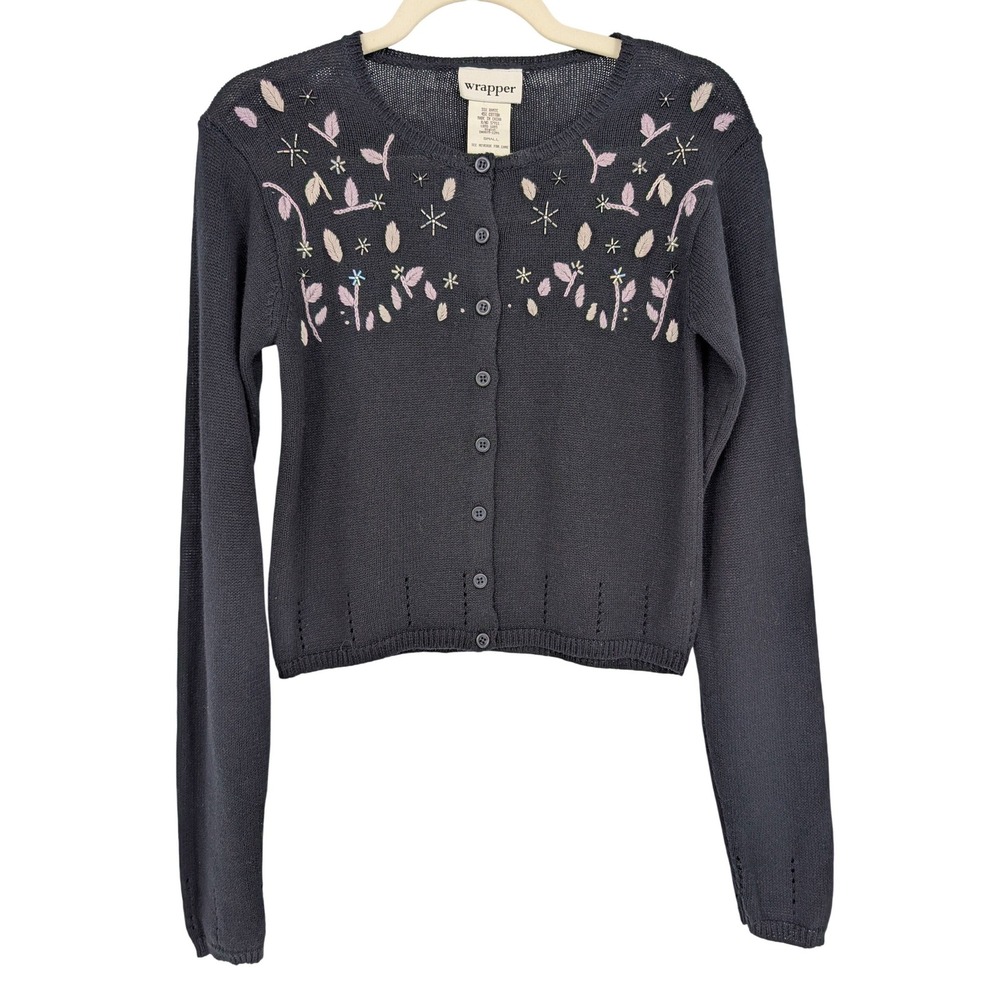VTG 90s Wrapper Black Cardigan S Embroidered Beaded Floral‎ Cotton Twee Cottage